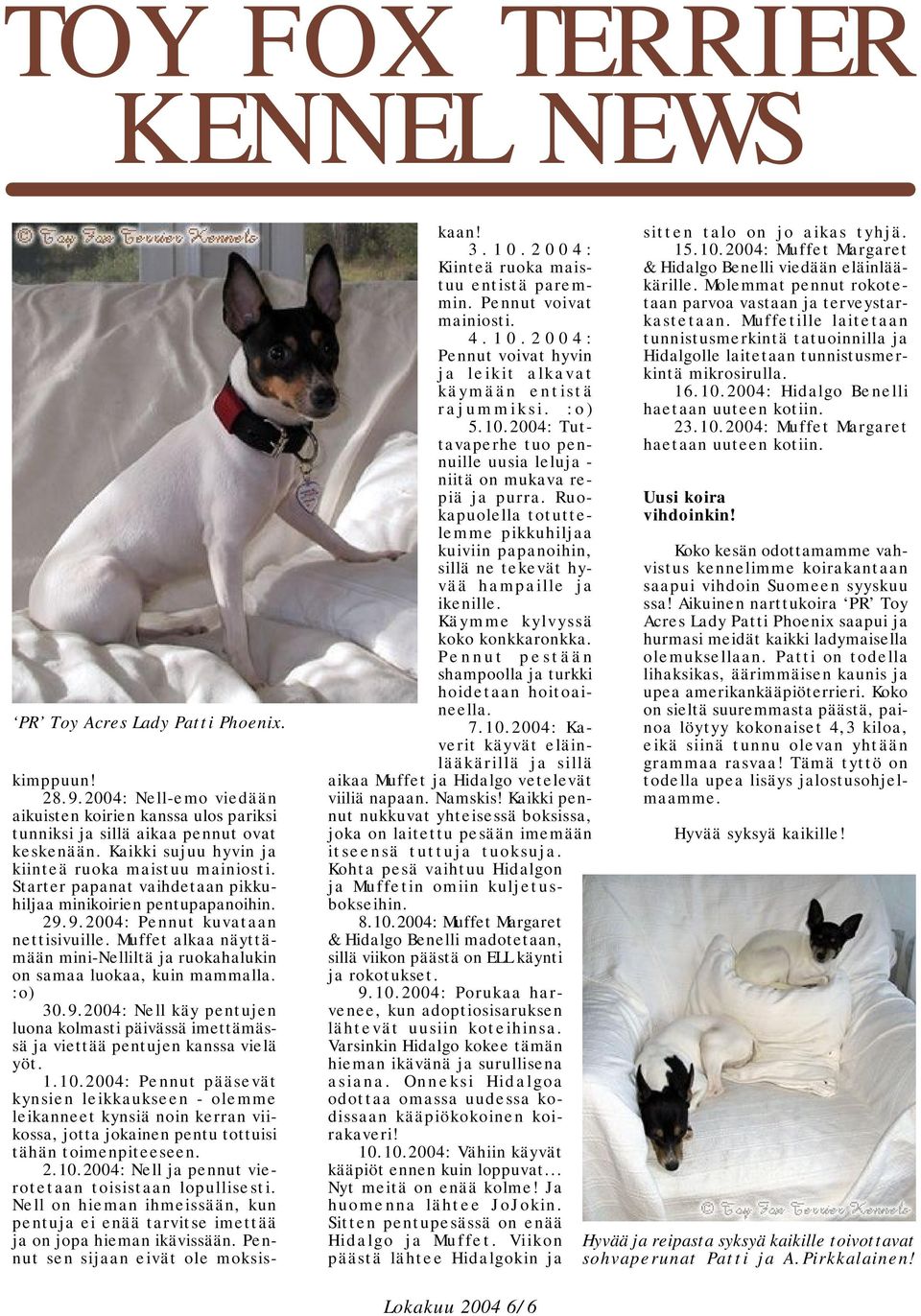 Muffet alkaa näyttämään mini-nelliltä ja ruokahalukin on samaa luokaa, kuin mammalla. :o) 30.9.2004: Nell käy pentujen luona kolmasti päivässä imettämässä ja viettää pentujen kanssa vielä yöt. 1.10.