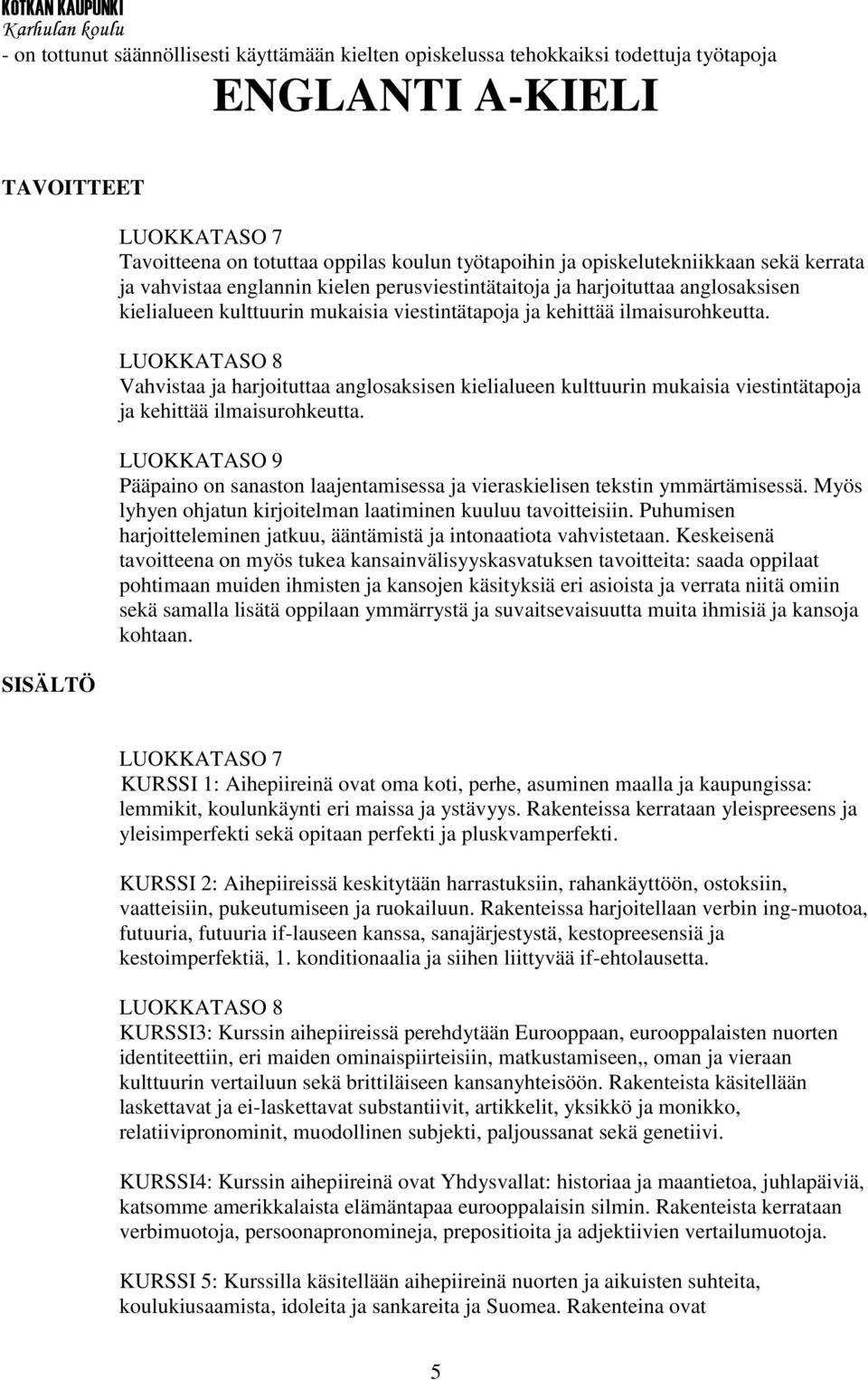 LUOKKATASO 8 Vahvistaa ja harjoituttaa anglosaksisen kielialueen kulttuurin mukaisia viestintätapoja ja kehittää ilmaisurohkeutta.