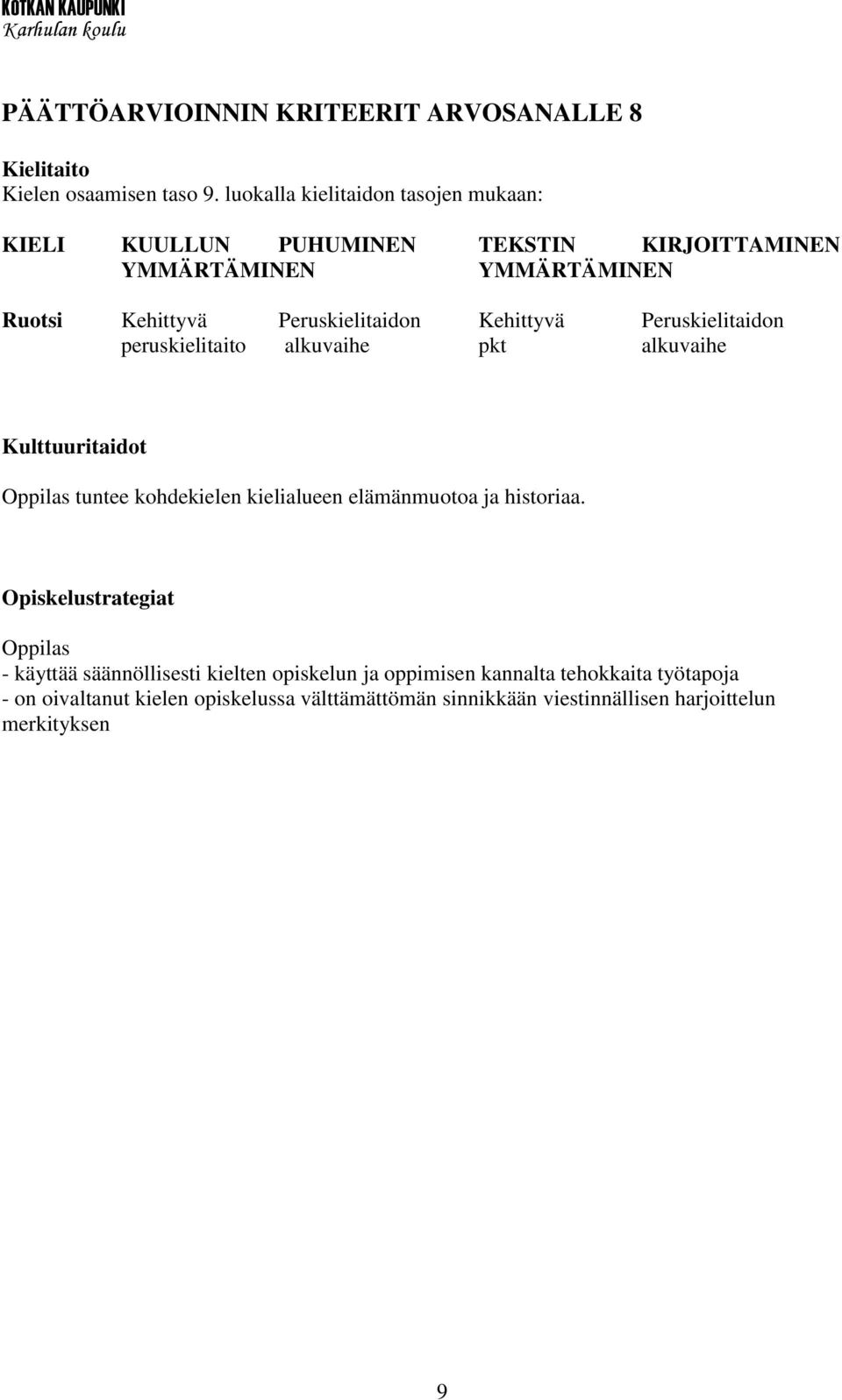 Peruskielitaidon Kehittyvä Peruskielitaidon peruskielitaito alkuvaihe pkt alkuvaihe Kulttuuritaidot tuntee kohdekielen kielialueen