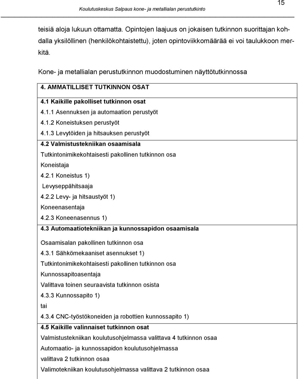 1.3 Levytöiden ja hitsauksen perustyöt 4.2 Valmistustekniikan osaamisala Tutkintonimikekohtaisesti pakollinen tutkinnon osa Koneistaja 4.2.1 Koneistus 1) Levyseppähitsaaja 4.2.2 Levy- ja hitsaustyöt 1) Koneenasentaja 4.