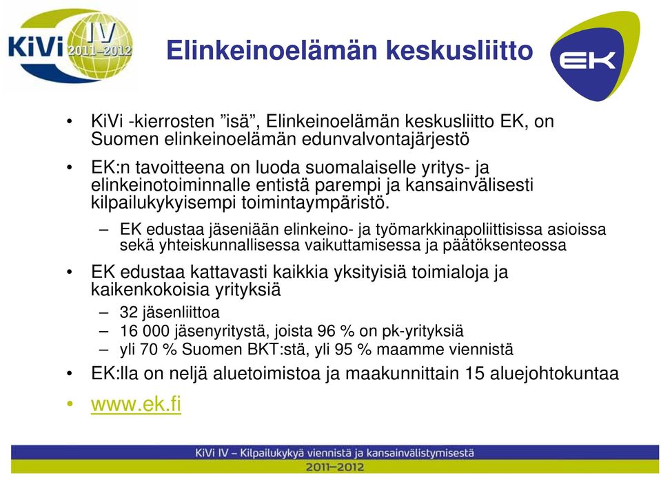 EK edustaa jäseniään elinkeino- ja työmarkkinapoliittisissa asioissa sekä yhteiskunnallisessa vaikuttamisessa ja päätöksenteossa EK edustaa kattavasti kaikkia yksityisiä