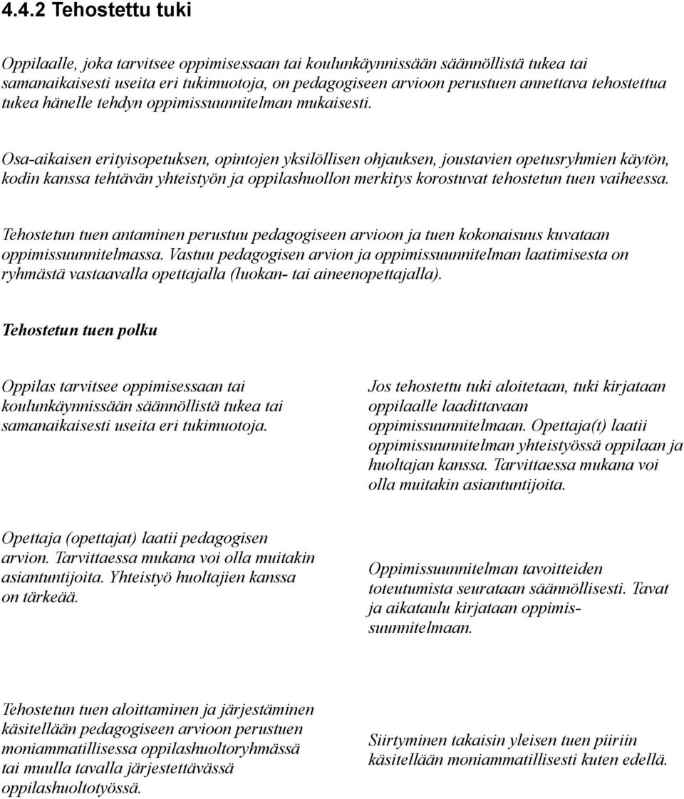 Osa-aikaisen erityisopetuksen, opintojen yksilöllisen ohjauksen, joustavien opetusryhmien käytön, kodin kanssa tehtävän yhteistyön ja oppilashuollon merkitys korostuvat tehostetun tuen vaiheessa.