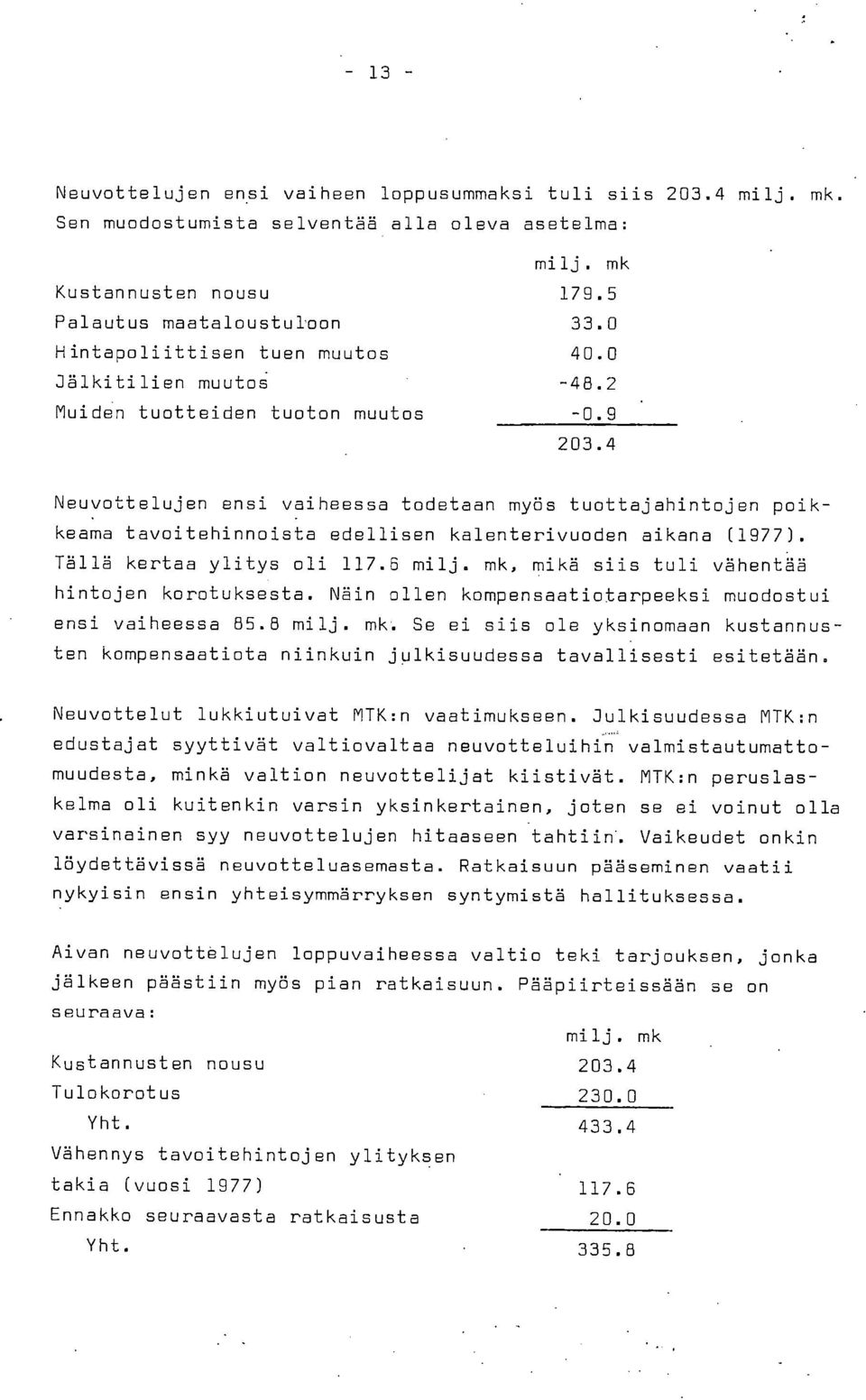 0-48.2-0.9 203.4 Neuvottelujen ensi vaiheessa todetaan myös tuottajahintojen poikkeama tavoitehinnoista edellisen kalenterivuoden aikana (1977). Tällä kertaa ylitys oli 117.6 milj.