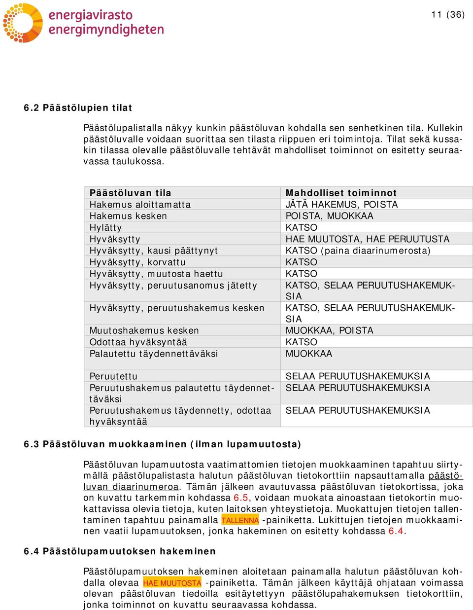 Päästöluvan tila Hakemus aloittamatta Hakemus kesken Hylätty Hyväksytty Hyväksytty, kausi päättynyt Hyväksytty, korvattu Hyväksytty, muutosta haettu Hyväksytty, peruutusanomus jätetty Hyväksytty,