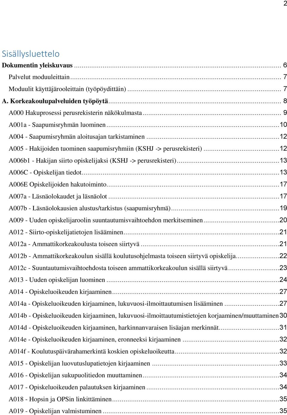 ..12 A005 - Hakijoiden tuominen saapumisryhmiin (KSHJ -> perusrekisteri)...12 A006b1 - Hakijan siirto opiskelijaksi (KSHJ -> perusrekisteri)...13 A006C - Opiskelijan tiedot.