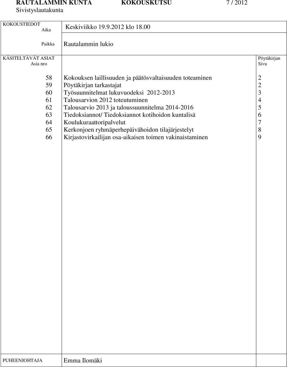 tarkastajat Työsuunnitelmat lukuvuodeksi 2012-2013 Talousarvion 2012 toteutuminen Talousarvio 2013 ja taloussuunnitelma 2014-2016 Tiedoksiannot/