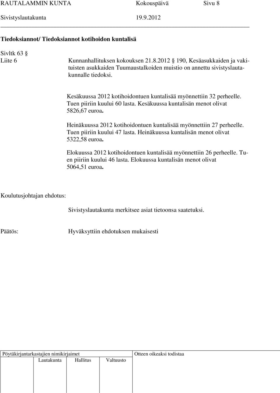 Heinäkuussa 2012 kotihoidontuen kuntalisää myönnettiin 27 perheelle. Tuen piiriin kuului 47 lasta. Heinäkuussa kuntalisän menot olivat 5322,58 euroa.