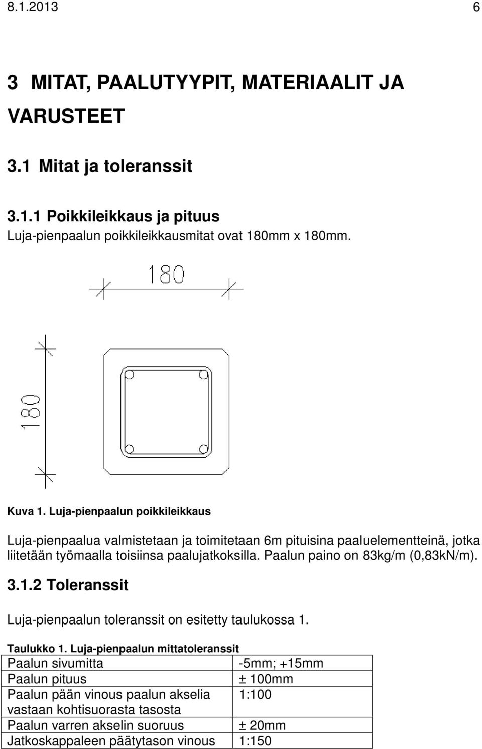 Paalun paino on 83kg/m (0,83kN/m). 3.1.2 Toleranssit Luja-pienpaalun toleranssit on esitetty taulukossa 1. Taulukko 1.