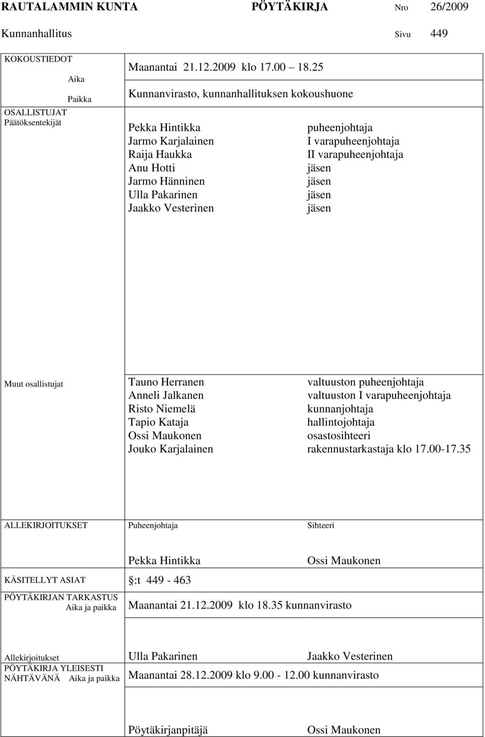varapuheenjohtaja jäsen jäsen jäsen jäsen Muut osallistujat Tauno Herranen Anneli Jalkanen Risto Niemelä Tapio Kataja Ossi Maukonen Jouko Karjalainen valtuuston puheenjohtaja valtuuston I