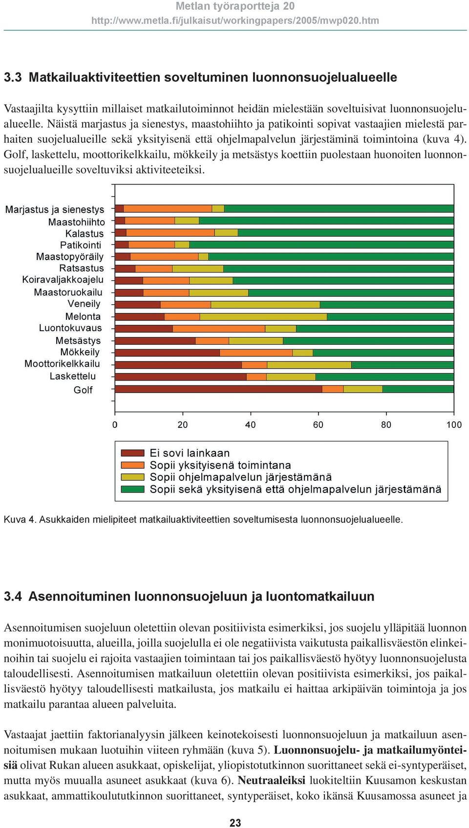 Golf, laskettelu, moottorikelkkailu, mökkeily ja metsästys koettiin puolestaan huonoiten luonnonsuojelualueille soveltuviksi aktiviteeteiksi. Kuva 4.