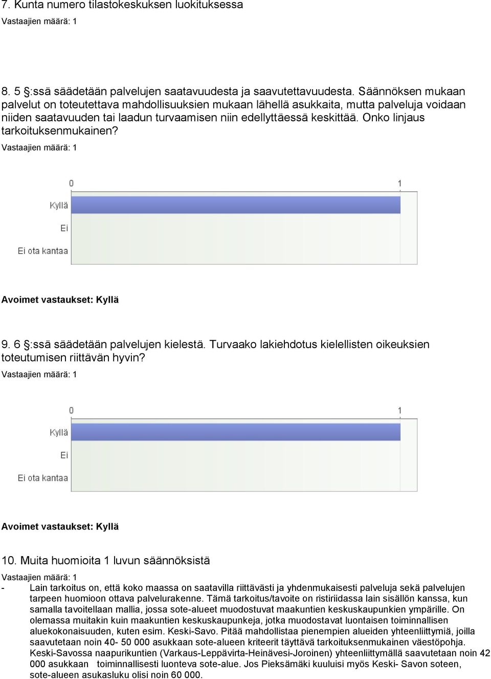 Onko linjaus tarkoituksenmukainen? Avoimet vastaukset: Kyllä 9. 6 :ssä säädetään palvelujen kielestä. Turvaako lakiehdotus kielellisten oikeuksien toteutumisen riittävän hyvin?