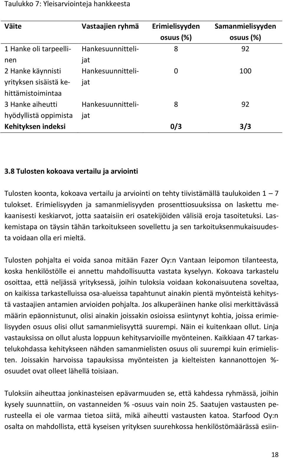 8 Tulosten kokoava vertailu ja arviointi Tulosten koonta, kokoava vertailu ja arviointi on tehty tiivistämällä taulukoiden 1 7 tulokset.