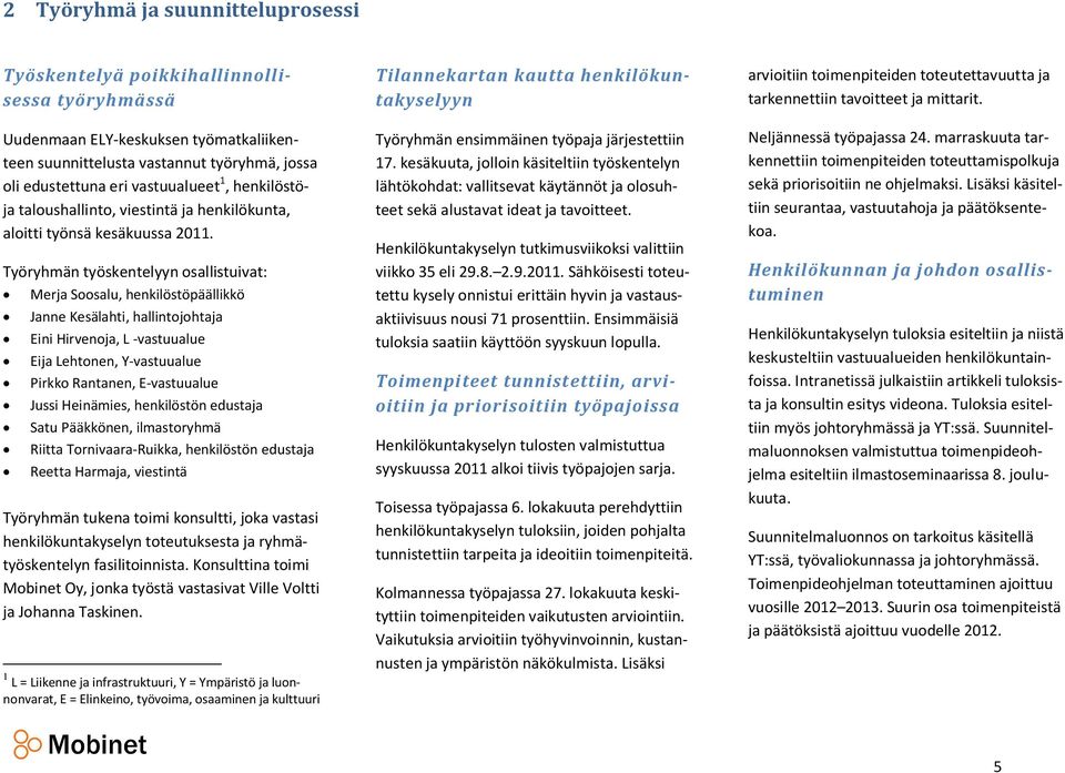 Työryhmän työskentelyyn osallistuivat: Merja Soosalu, henkilöstöpäällikkö Janne Kesälahti, hallintojohtaja Eini Hirvenoja, L -vastuualue Eija Lehtonen, Y-vastuualue Pirkko Rantanen, E-vastuualue