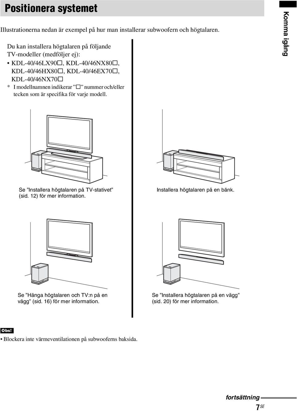 indikerar s nummer och/eller tecken som är specifika för varje modell. Komma igång Se Installera högtalaren på TV-stativet (sid. 12) för mer information.