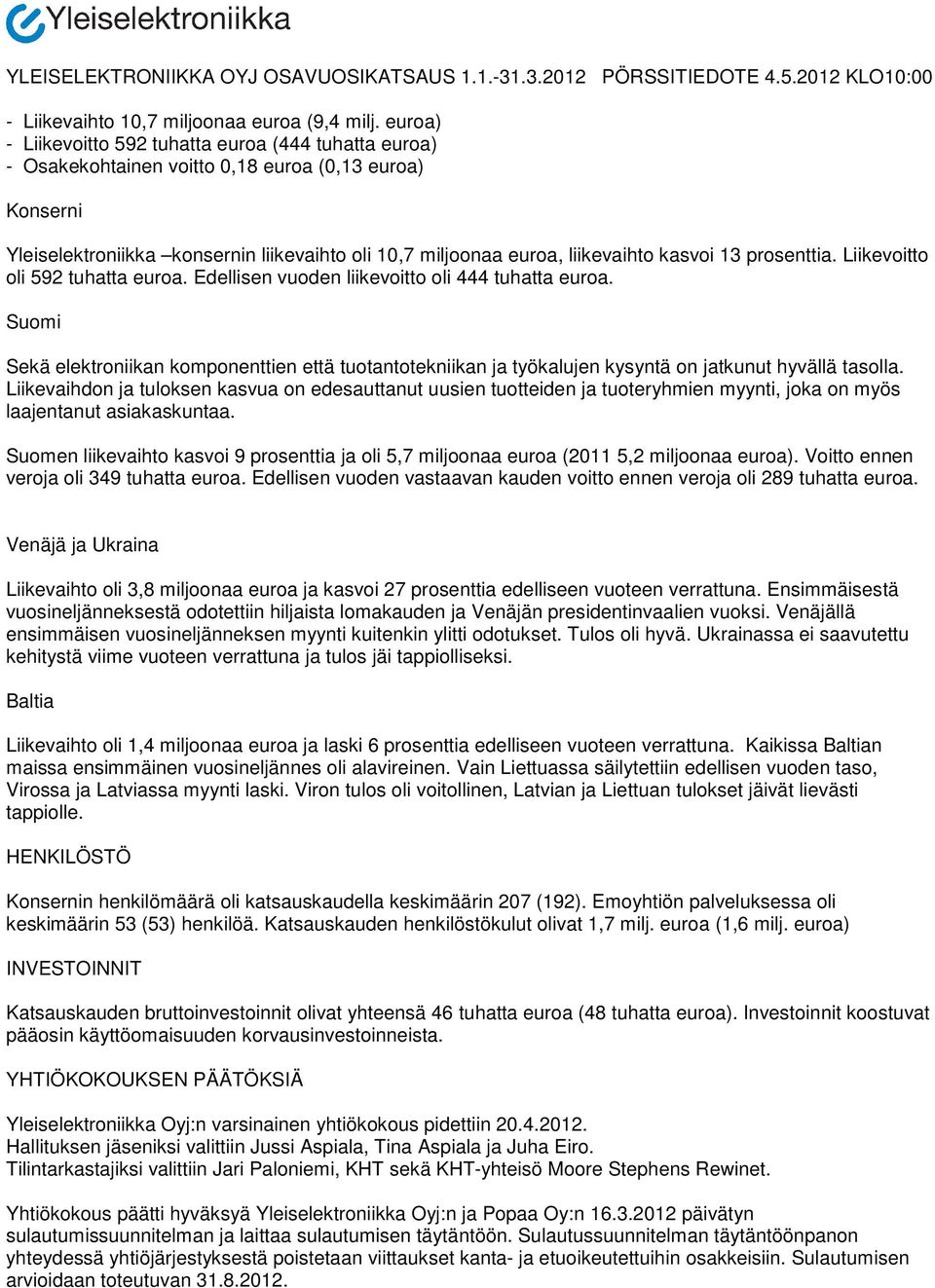 kasvoi 13 prosenttia. Liikevoitto oli 592 tuhatta euroa. Edellisen vuoden liikevoitto oli 444 tuhatta euroa.