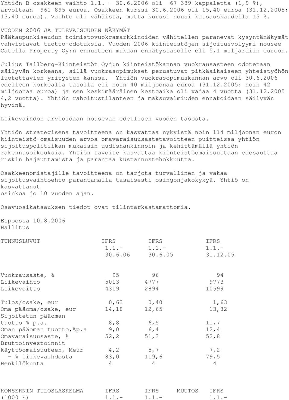 VUODEN 2006 JA TULEVAISUUDEN NÄKYMÄT Pääkaupunkiseudun toimistovuokramarkkinoiden vähitellen paranevat kysyntänäkymät vahvistavat tuotto-odotuksia.