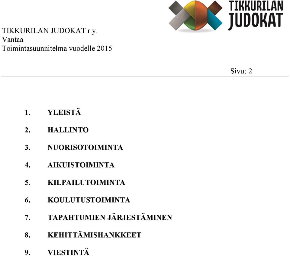 KILPAILUTOIMINTA 6. KOULUTUSTOIMINTA 7.