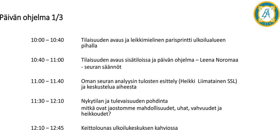 40 Oman seuran analyysin tulosten esittely (Heikki Liimatainen SSL) ja keskustelua aiheesta 11:30 12:10 Nykytilan