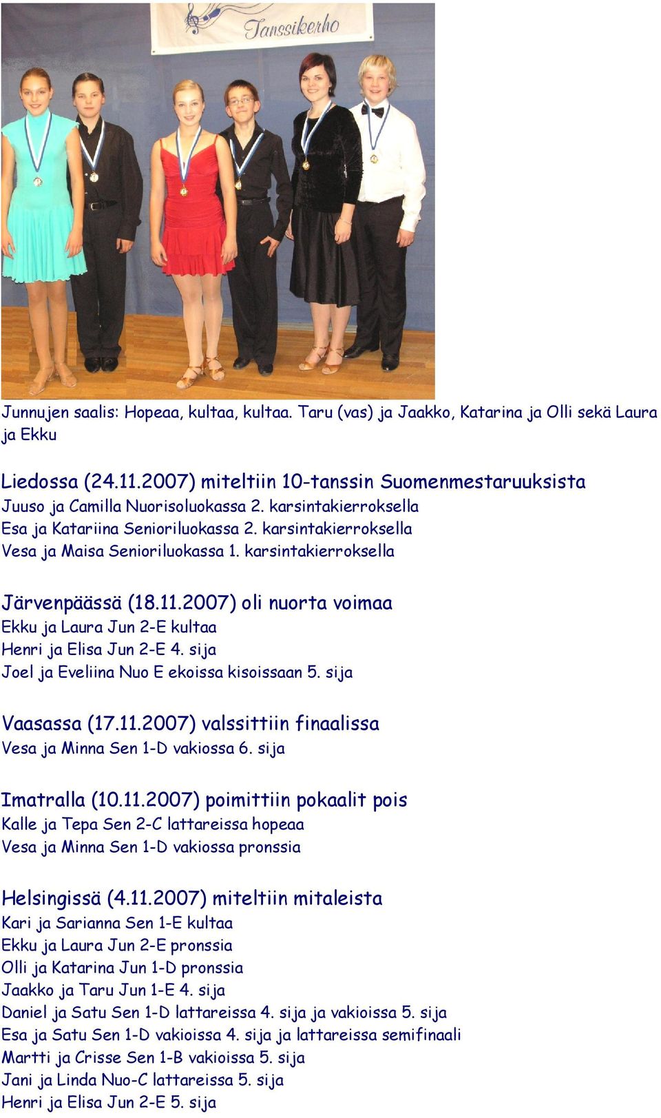 2007) oli nuorta voimaa Ekku ja Laura Jun 2-E kultaa Henri ja Elisa Jun 2-E 4. sija Joel ja Eveliina Nuo E ekoissa kisoissaan 5. sija Vaasassa (17.11.