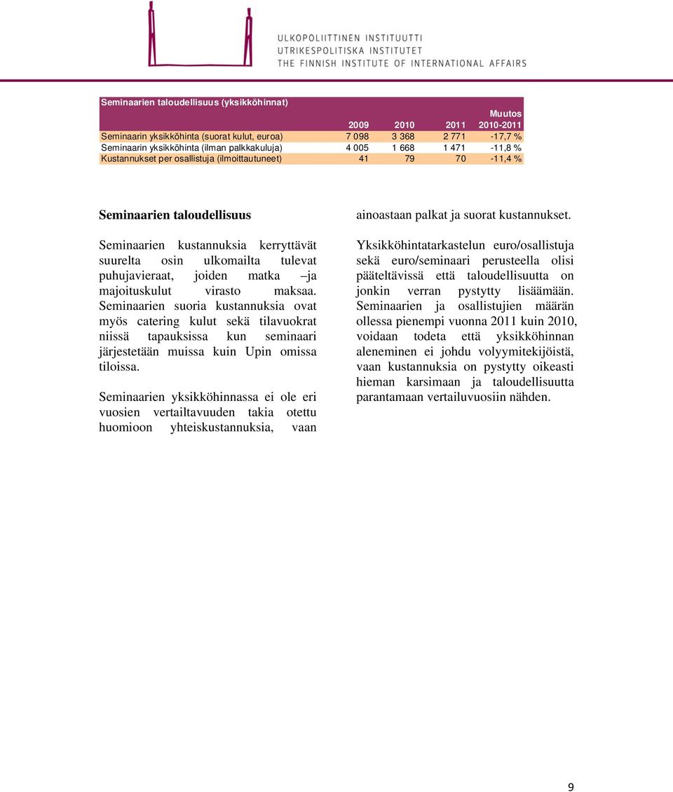 matka ja majoituskulut virasto maksaa. Seminaarien suoria kustannuksia ovat myös catering kulut sekä tilavuokrat niissä tapauksissa kun seminaari järjestetään muissa kuin Upin omissa tiloissa.