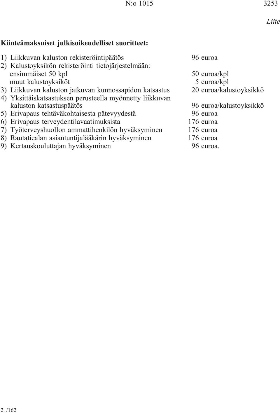 perusteella myönnetty liikkuvan kaluston katsastuspäätös 96 euroa/kalustoyksikkö 5) Erivapaus tehtäväkohtaisesta pätevyydestä 96 euroa 6) Erivapaus