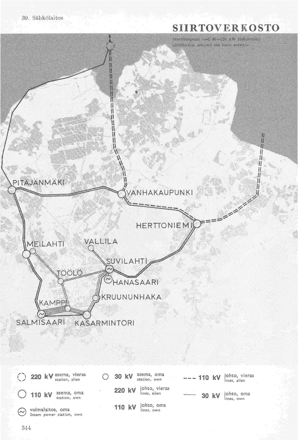 220 kv asema ' vieras station, alien O 30 kv asema > oma un kv johto, vieras w 220 kv < ohto ' station, own r v ines^ a jen vieras