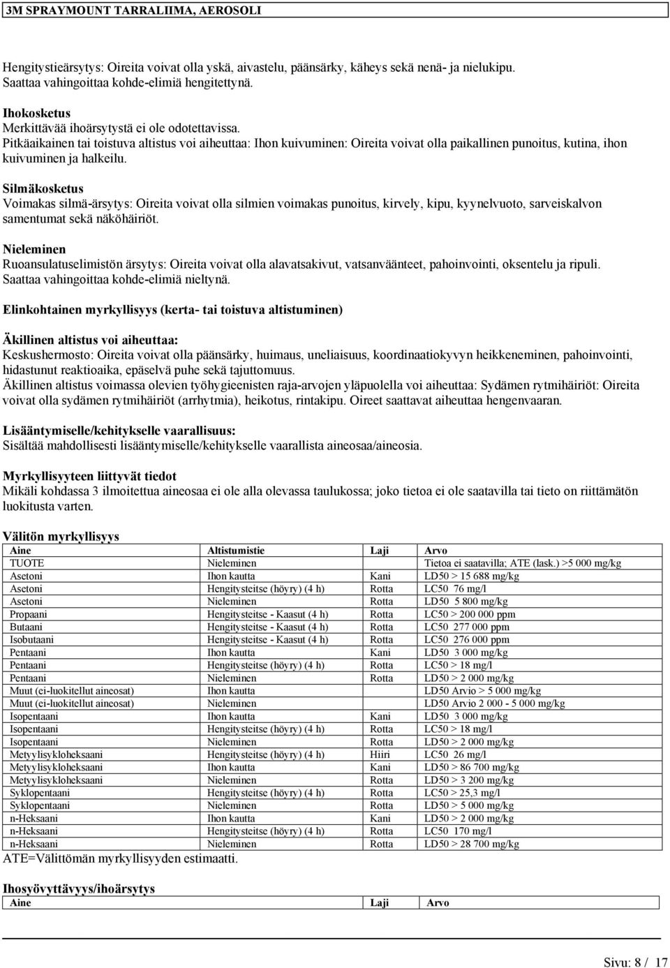 Silmäkosketus Voimakas silmä-ärsytys: Oireita voivat olla silmie voimakas puoitus, kirvely, kipu, kyyelvuoto, sarveiskalvo sametumat sekä äköhäiriöt.