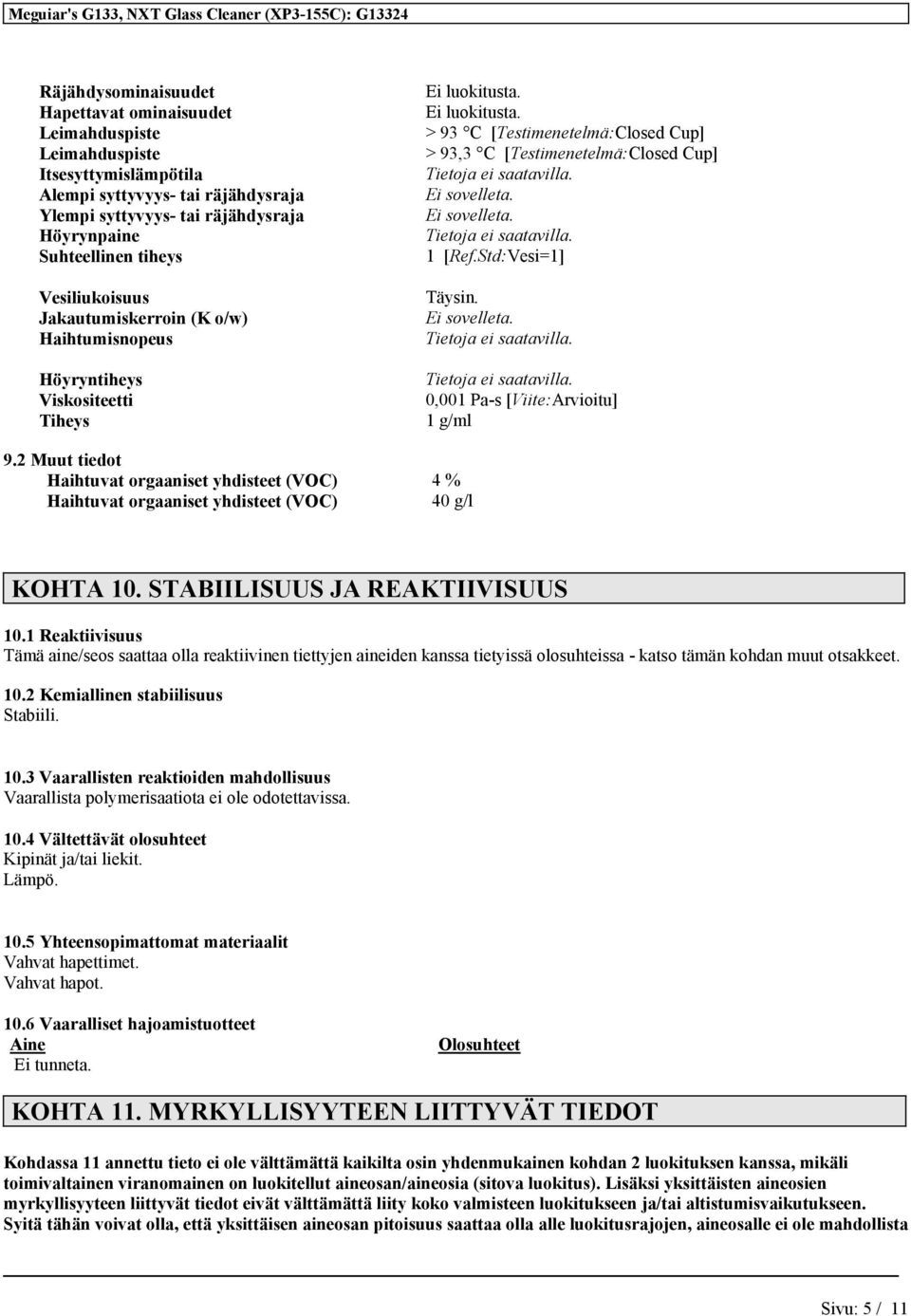 Std:Vesi=1] Täysin. 0,001 Pa-s [Viite:Arvioitu] 1 g/ml 9.2 Muut tiedot Haihtuvat orgaaniset yhdisteet (VOC) 4 % Haihtuvat orgaaniset yhdisteet (VOC) 40 g/l KOHTA 10. STABIILISUUS JA REAKTIIVISUUS 10.