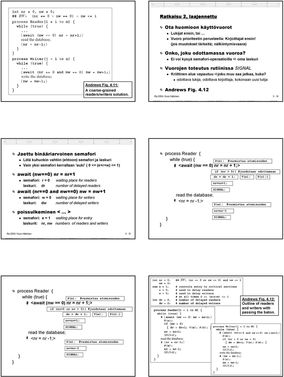 odottava lukija, odottava kirjoittaja, kokonaan uusi tulija Andrews Fig. 4.11: A coarse-grained Andrews Fig. 4.12 readers/writers solution.