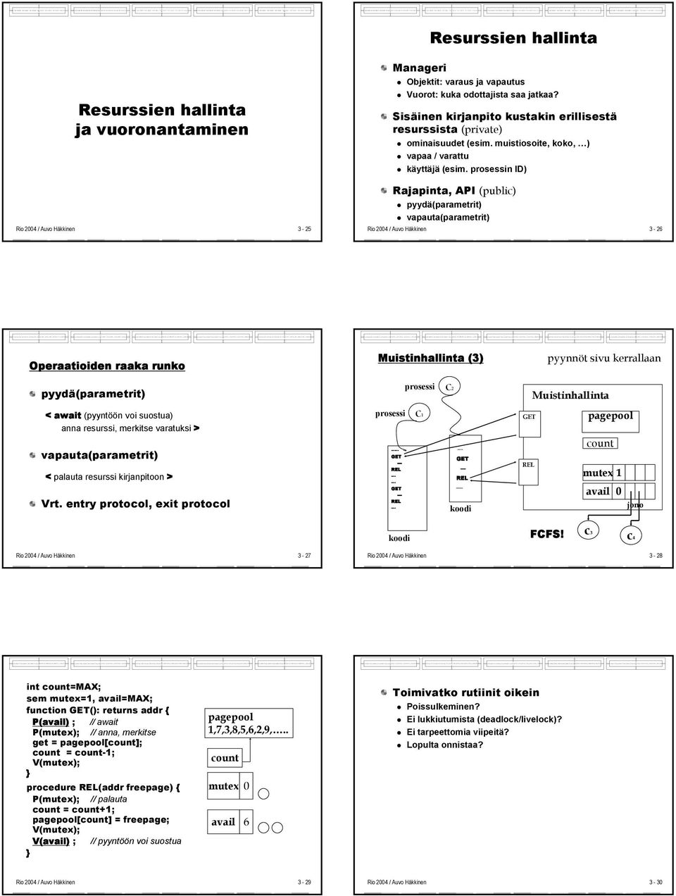 prosessin ID) 3-25 Rajapinta, API (public) pyydä(parametrit) vapauta(parametrit) 3-26 Operaatioiden raaka runko Muistinhallinta (3) pyynnöt sivu kerrallaan pyydä(parametrit) prosessi c2