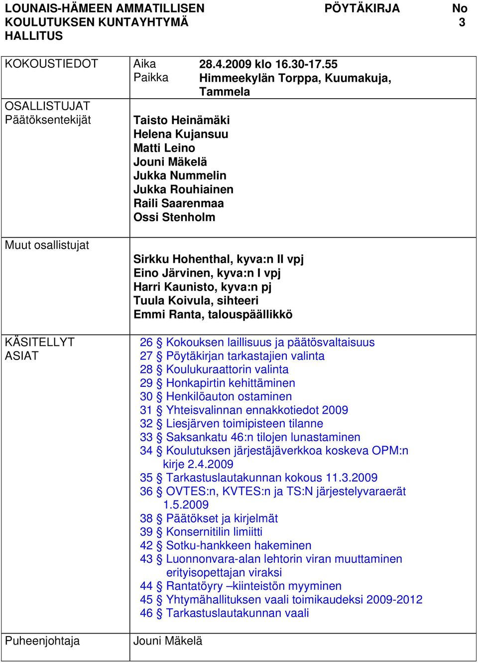 55 Himmeekylän Torppa, Kuumakuja, Tammela Sirkku Hohenthal, kyva:n II vpj Eino Järvinen, kyva:n I vpj Harri Kaunisto, kyva:n pj Tuula Koivula, sihteeri Emmi Ranta, talouspäällikkö 26 Kokouksen