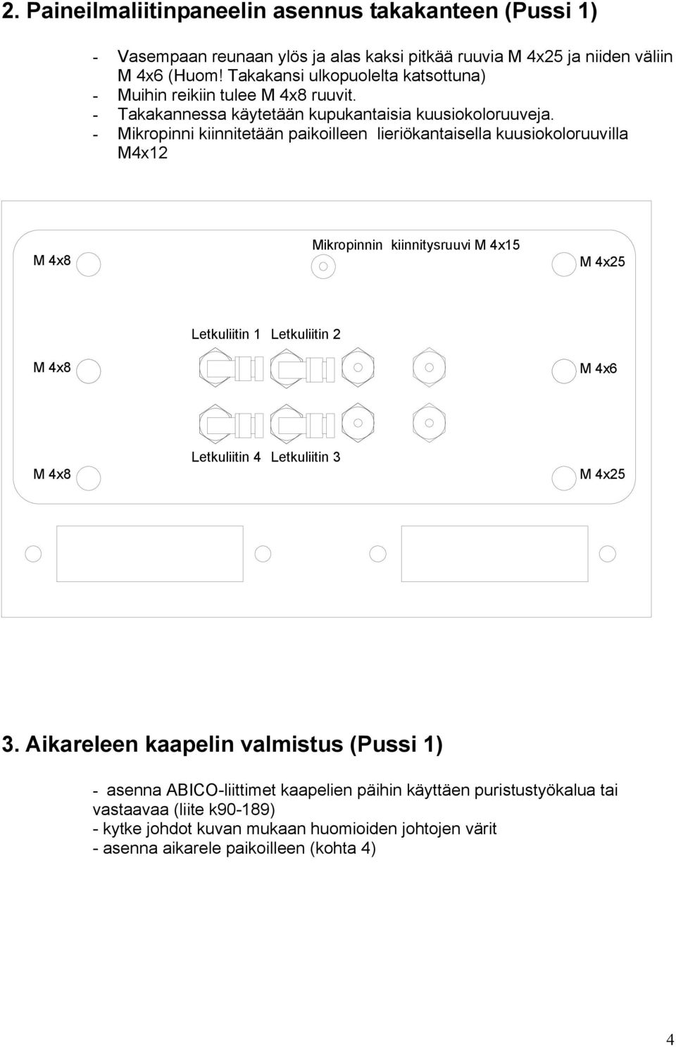 - Mikropinni kiinnitetään paikoilleen lieriökantaisella kuusiokoloruuvilla M4x12 M 4x8 Mikropinnin kiinnitysruuvi M 4x15 M 4x25 M 4x8 Letkuliitin 1 Letkuliitin 2 M 4x6 M 4x8