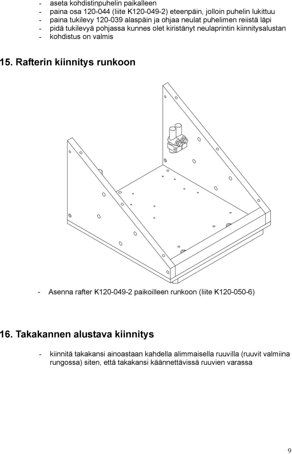 on valmis 15. Rafterin kiinnitys runkoon - Asenna rafter K120-049-2 paikoilleen runkoon (liite K120-050-6) 16.
