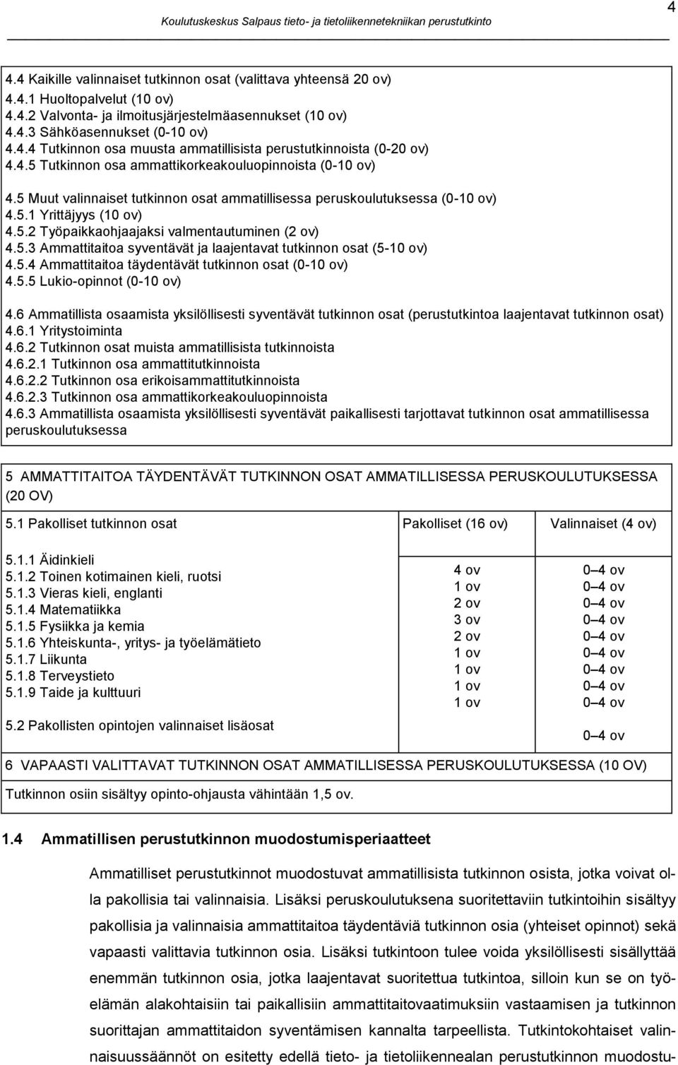 5.3 Ammattitaitoa syventävät ja laajentavat tutkinnon osat (5-10 ov) 4.5.4 Ammattitaitoa täydentävät tutkinnon osat (0-10 ov) 4.5.5 Lukio-opinnot (0-10 ov) 4.