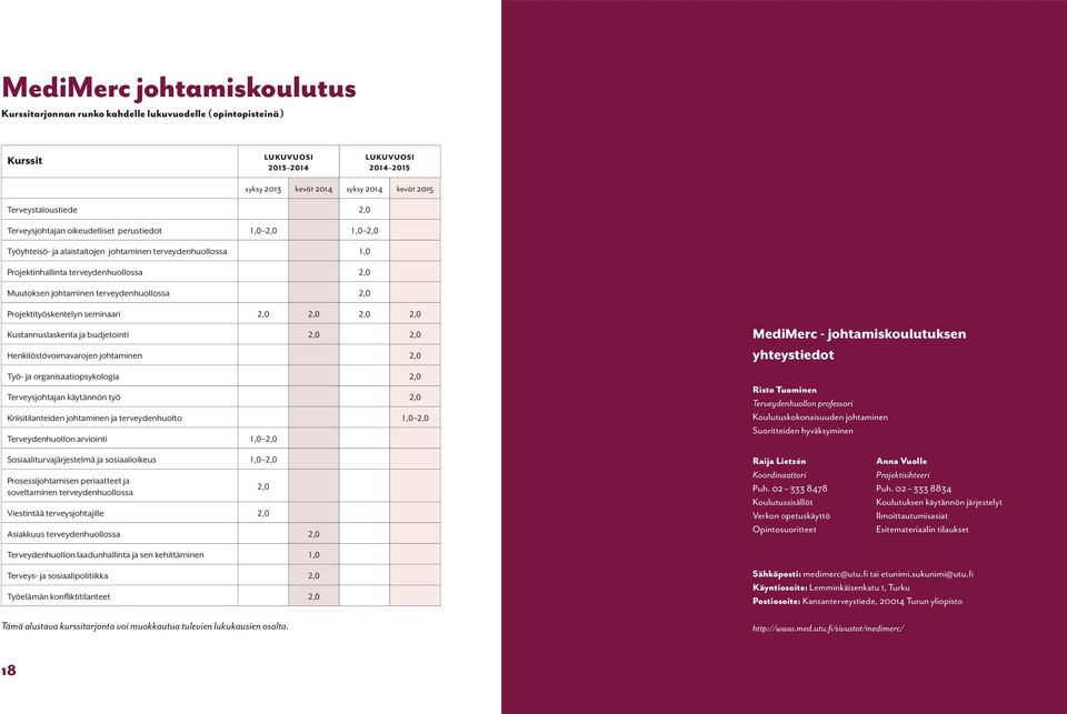 Projektityöskentelyn seminaari Kustannuslaskenta ja budjetointi Henkilöstövoimavarojen johtaminen Työ- ja organisaatiopsykologia Terveysjohtajan käytännön työ Kriisitilanteiden johtaminen ja