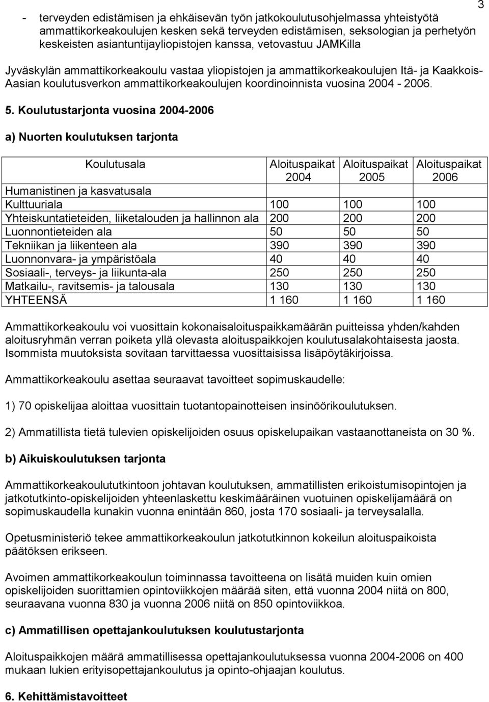 5. Koulutustarjonta vuosina 2004-2006 a) Nuorten koulutuksen tarjonta Koulutusala Aloituspaikat 2004 Aloituspaikat 2005 Humanistinen ja kasvatusala Kulttuuriala 100 100 100 Yhteiskuntatieteiden,