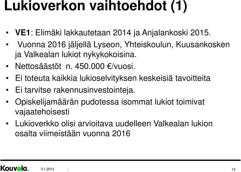 000 /vuosi. Ei toteuta kaikkia lukioselvityksen keskeisiä tavoitteita Ei tarvitse rakennusinvestointeja.