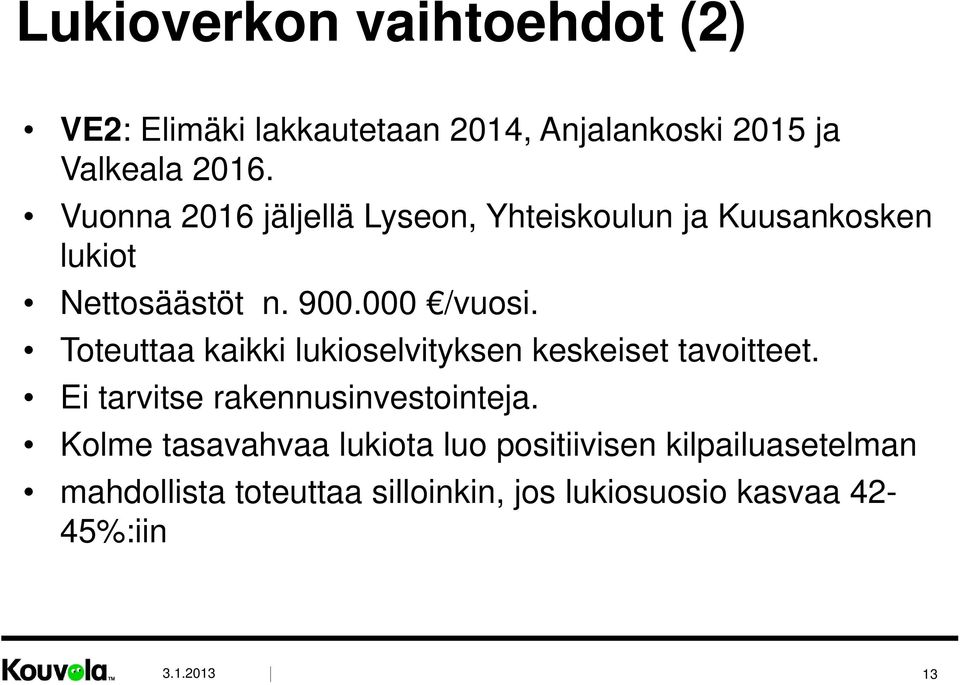 Toteuttaa kaikki lukioselvityksen keskeiset tavoitteet. Ei tarvitse rakennusinvestointeja.