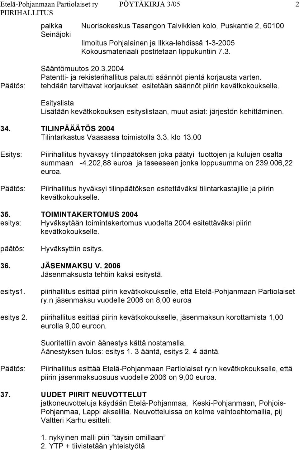 Esityslista Lisätään kevätkokouksen esityslistaan, muut asiat: järjestön kehittäminen. 34. TILINPÄÄÄTÖS 2004 Tilintarkastus Vaasassa toimistolla 3.3. klo 13.