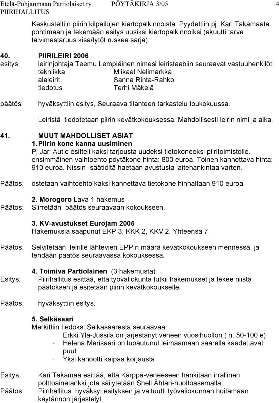 PIIRILEIRI 2006 esitys: leirinjohtaja Teemu Lempiäinen nimesi leiristaabiin seuraavat vastuuhenkilöt: tekniikka Miikael Nelimarkka alaleirit Sanna Rinta-Rahko tiedotus Terhi Mäkelä päätös: