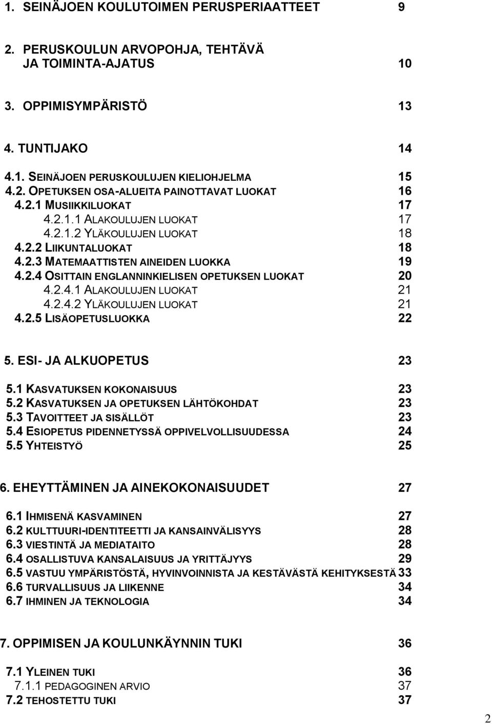 2.4.1 ALAKOULUJEN LUOKAT 21 4.2.4.2 YLÄKOULUJEN LUOKAT 21 4.2.5 LISÄOPETUSLUOKKA 22 5. ESI- JA ALKUOPETUS 23 5.1 KASVATUKSEN KOKONAISUUS 23 5.2 KASVATUKSEN JA OPETUKSEN LÄHTÖKOHDAT 23 5.