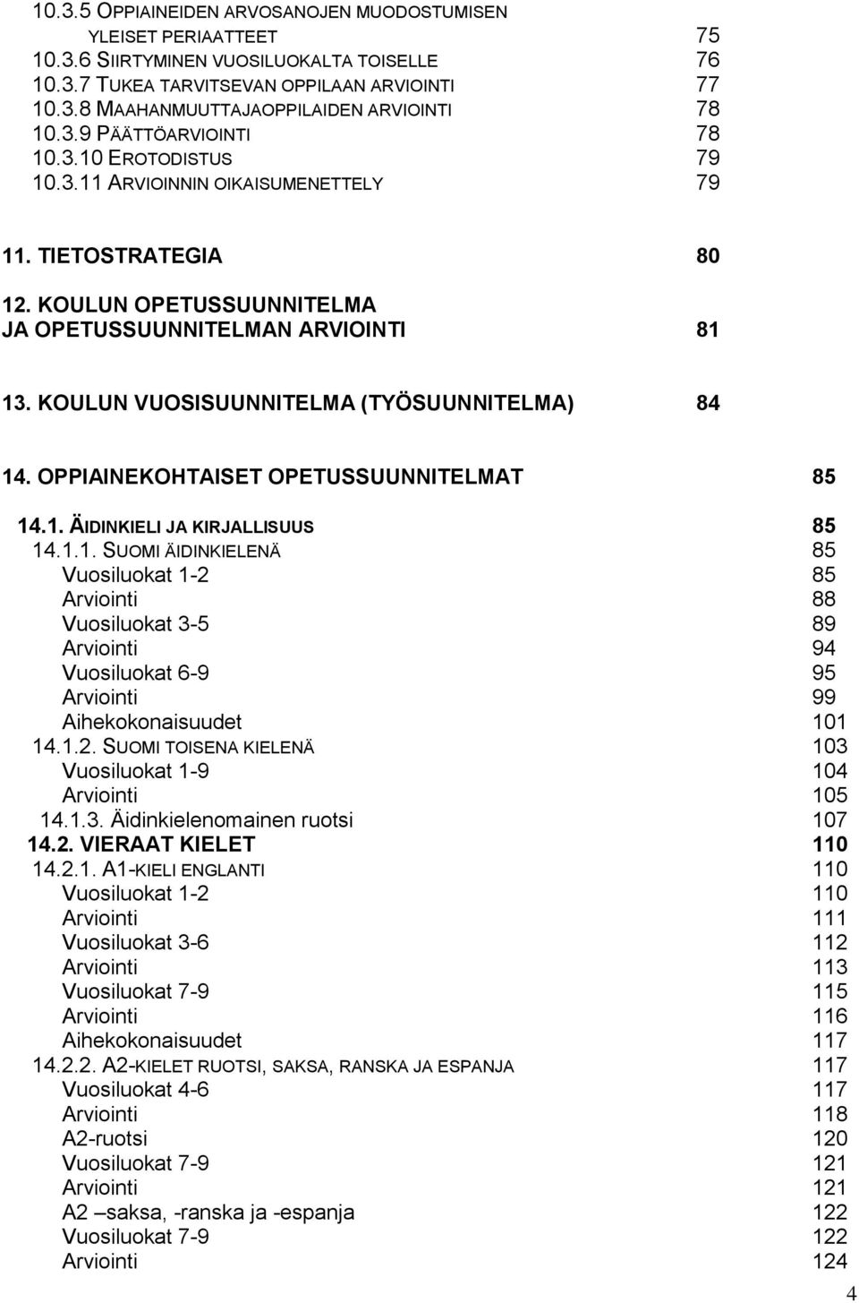 KOULUN VUOSISUUNNITELMA (TYÖSUUNNITELMA) 84 14. OPPIAINEKOHTAISET OPETUSSUUNNITELMAT 85 14.1. ÄIDINKIELI JA KIRJALLISUUS 85 14.1.1. SUOMI ÄIDINKIELENÄ 85 Vuosiluokat 1-2 85 Arviointi 88 Vuosiluokat 3-5 89 Arviointi 94 Vuosiluokat 6-9 95 Arviointi 99 Aihekokonaisuudet 101 14.