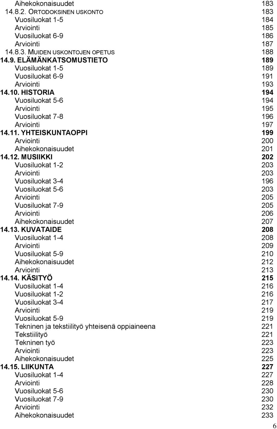 MUSIIKKI 202 Vuosiluokat 1-2 203 Arviointi 203 Vuosiluokat 3-4 196 Vuosiluokat 5-6 203 Arviointi 205 Vuosiluokat 7-9 205 Arviointi 206 Aihekokonaisuudet 207 14.13.