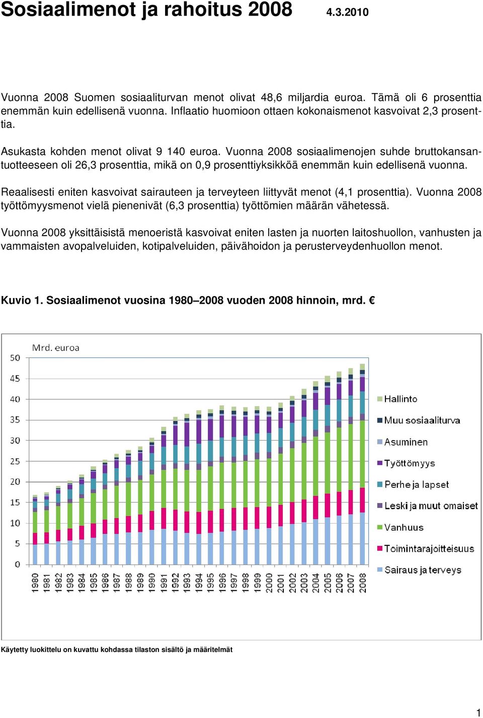 Vuonna 2008 sosiaalimenojen suhde bruttokansantuotteeseen oli 26,3 prosenttia, mikä on 0,9 prosenttiyksikköä enemmän kuin edellisenä vuonna.