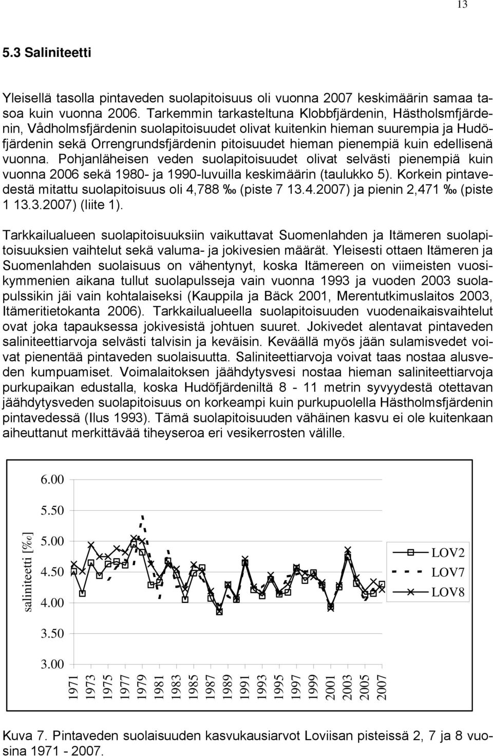 pienempiä kuin edellisenä vuonna. Pohjanläheisen veden suolapitoisuudet olivat selvästi pienempiä kuin vuonna 2006 sekä 1980- ja 1990-luvuilla keskimäärin (taulukko 5).