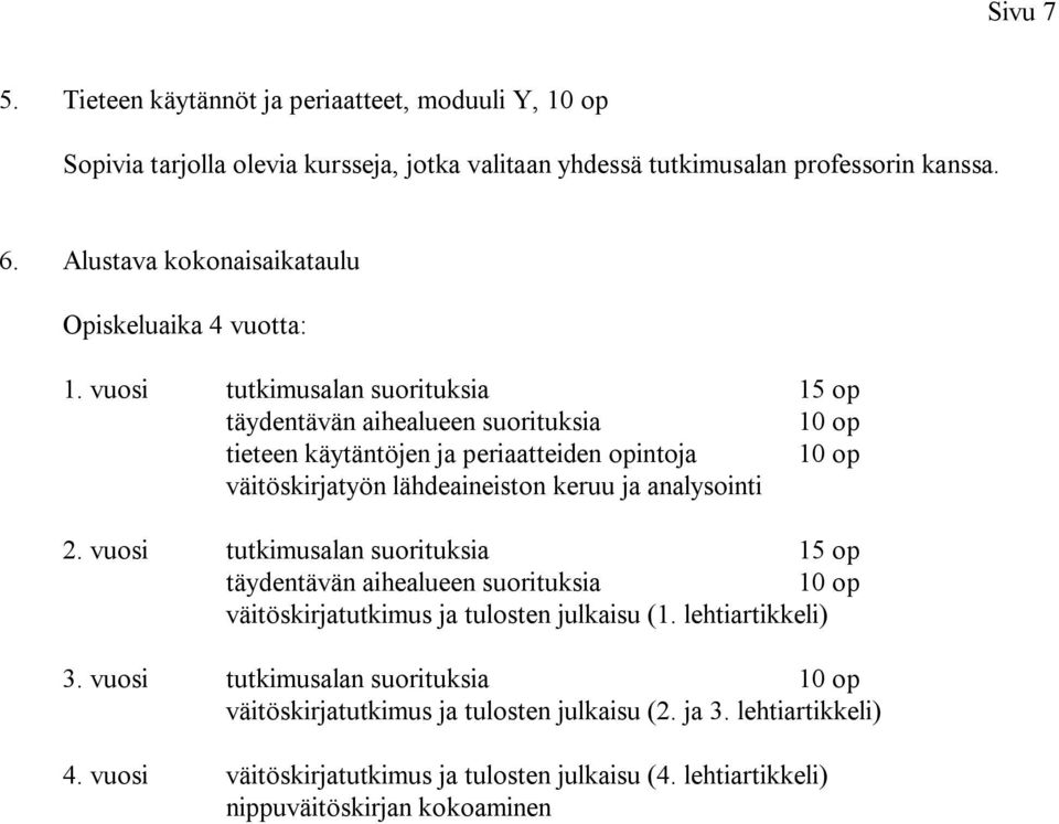 vuosi tutkimusalan suorituksia 15 op tieteen käytäntöjen ja periaatteiden opintoja väitöskirjatyön lähdeaineiston keruu ja analysointi 2.