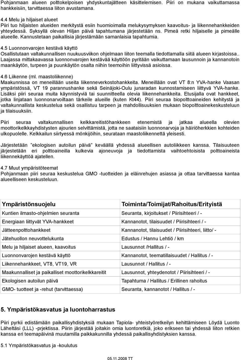 Syksyllä olevan Hiljan päivä tapahtumana järjestetään ns. Pimeä retki hiljaiselle ja pimeälle alueelle. Kannustetaan paikallisia järjestämään samanlaisia tapahtumia. 4.