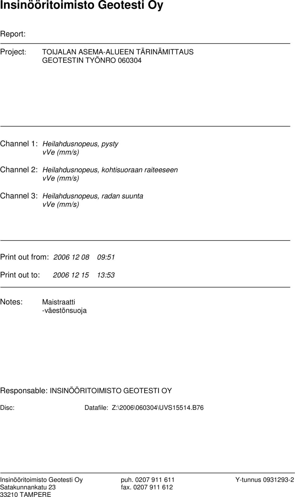 2006 12 08 09:51 Print out to: 2006 12 15 13:53 Notes: Maistraatti -väestönsuoja Responsable: INSINÖÖRITOIMISTO GEOTESTI OY Disc: Datafile: