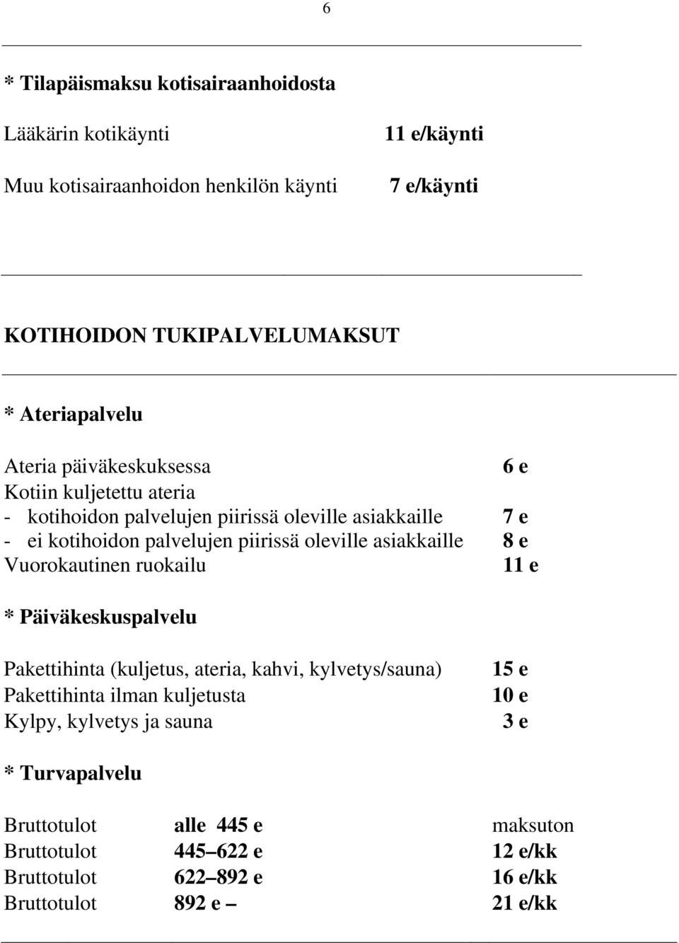 oleville asiakkaille Vuorokautinen ruokailu 6 e 7 e 8 e 11 e * Päiväkeskuspalvelu Pakettihinta (kuljetus, ateria, kahvi, kylvetys/sauna) Pakettihinta ilman