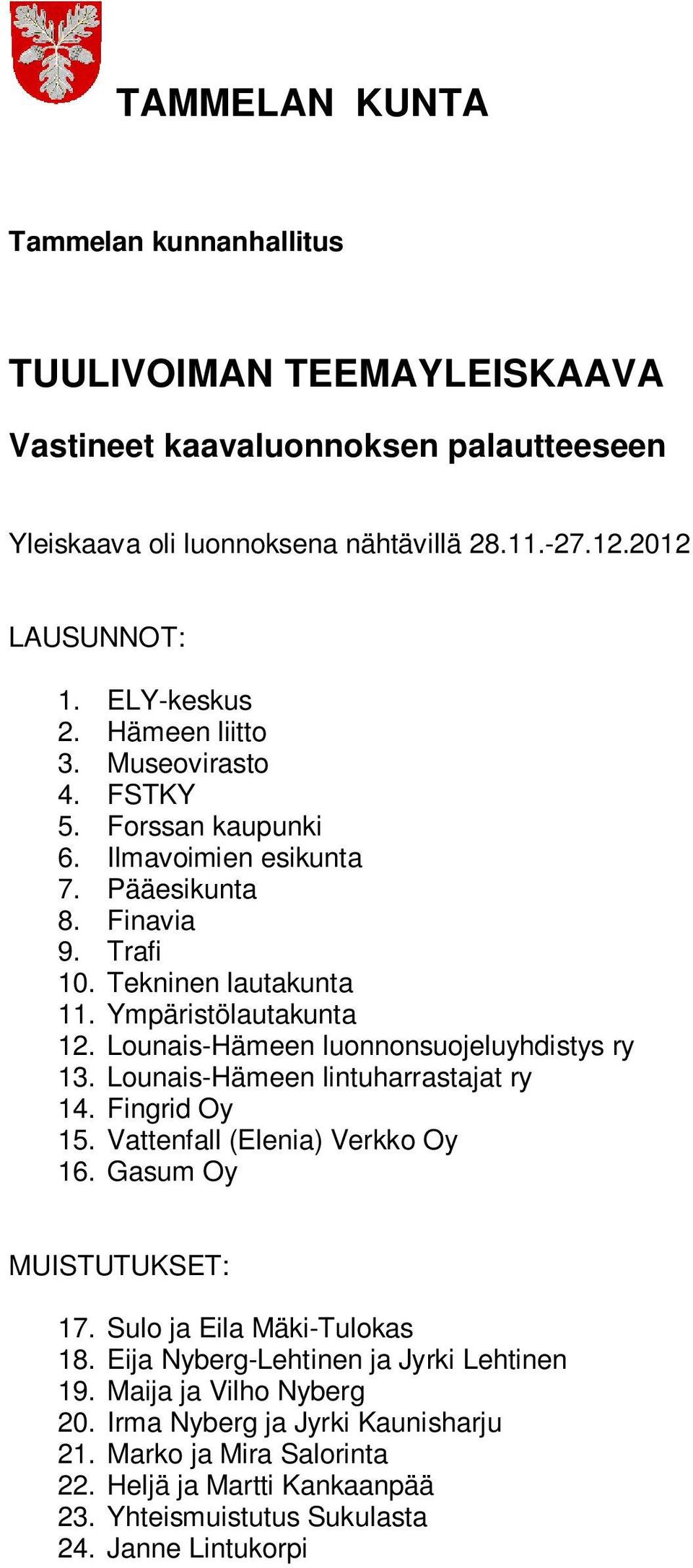 Lounais-Hämeen luonnonsuojeluyhdistys ry 13. Lounais-Hämeen lintuharrastajat ry 14. Fingrid Oy 15. Vattenfall (Elenia) Verkko Oy 16. Gasum Oy MUISTUTUKSET: 17.